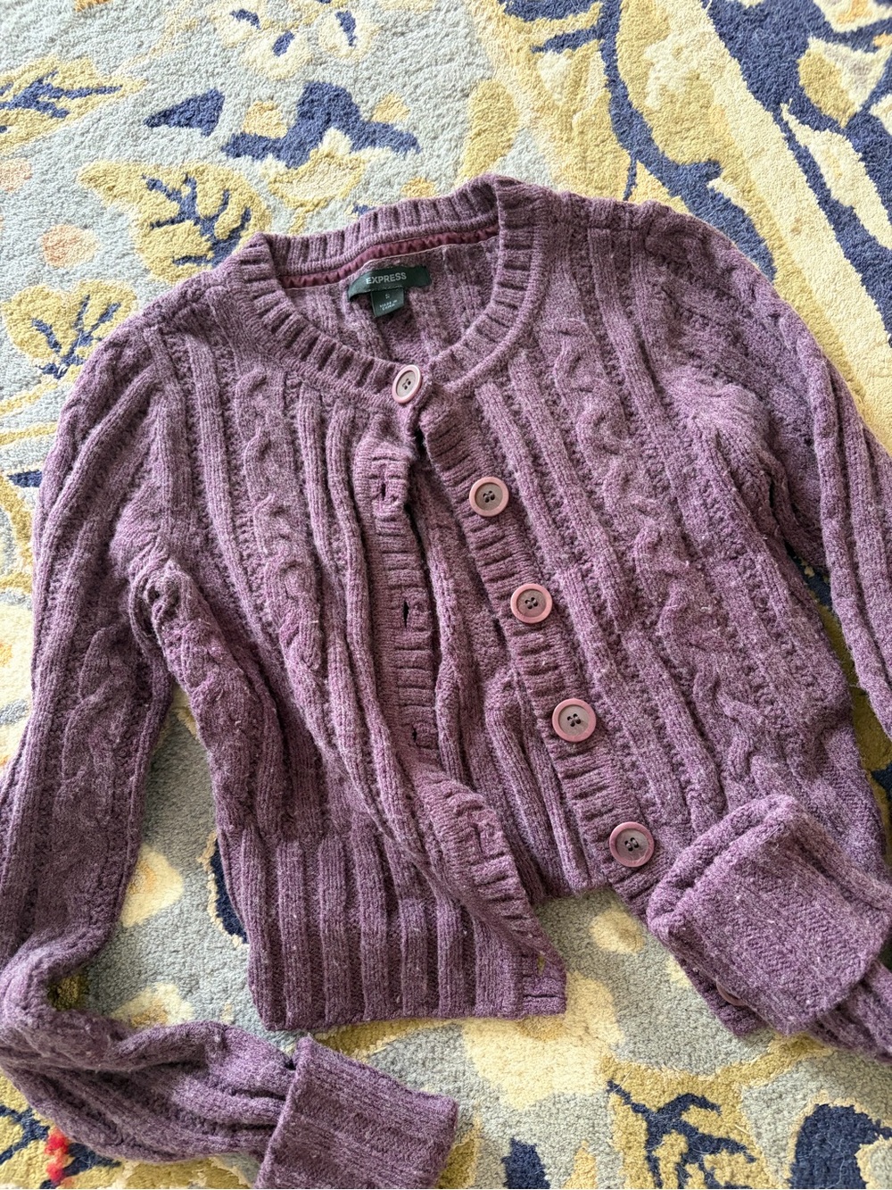2000s Express Women's Purple Cable Knit Button Front Cardigan Sweater